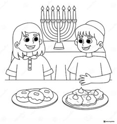 Hanukkah Feast Coloring Page with Kids Menorah and Treats