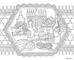 Hanukkah Feast Coloring Page with Menorah and Food