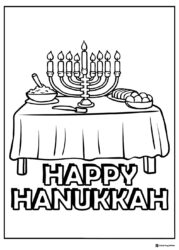 Hanukkah Feast Table Coloring Page with Menorah and Dishes