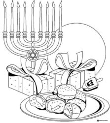Hanukkah Gift and Food Coloring Page with Menorah and Doughnuts