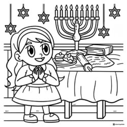 Hanukkah Girl Coloring Page with Menorah and Festive Table