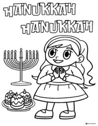 Hanukkah Girl Coloring Sheet with Menorah and Donuts