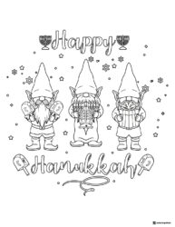 Hanukkah Gnomes Coloring Page with Menorah and Dreidels