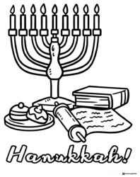 Hanukkah Menorah Coloring Page with Food Books and Scroll