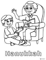 Hanukkah Storytime Coloring Page with Boy and Grandpa