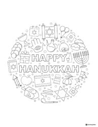 Hanukkah Symbols Coloring Page in Decorative Circle
