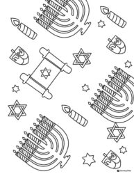 Hanukkah Symbols Coloring Sheet with Menorahs and Dreidels