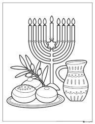 Hanukkah Table Coloring Sheet with Menorah Food and Jug