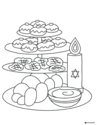 Hanukkah Treat Display Coloring Sheet with Candle and Sweets
