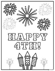 Happy 4th Coloring Page with Fireworks and Rocket Designs