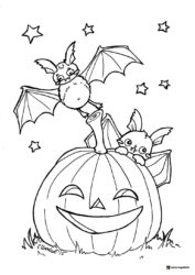 Happy Bats on Pumpkin Coloring Page with Stars and Grass