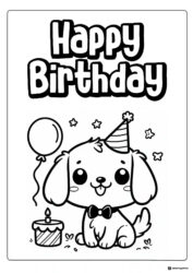 Happy Birthday Dog Coloring Page with Balloon and Candle