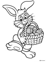 Happy Bunny Coloring Page Holding a Basket of Easter Eggs