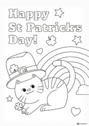 Happy Cat St. Patricks Day Coloring Page with Rainbow