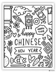 Happy Chinese New Year Coloring Page with Doodles and Fireworks