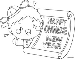Happy Chinese New Year Scroll Coloring Page with Smiling Boy
