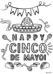 Happy Cinco de Mayo Coloring Page with Sombrero and Tacos