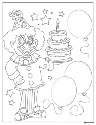 Happy Clown Birthday Coloring Page with Cake and Stars
