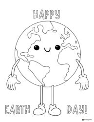 Happy Earth Day Coloring Page with Cartoon Earth and Text