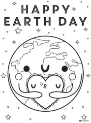 Happy Earth Day Coloring Page with Earth Hugging a Heart
