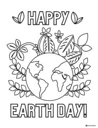Happy Earth Day Coloring Page with Globe and Leafy Background