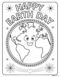 Happy Earth Day Coloring Page with Globe and Starbursts
