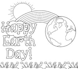 Happy Earth Day Coloring Page with Rainbow and Sun Details