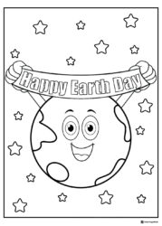 Happy Earth Day Coloring Page with Smiling Earth and Stars