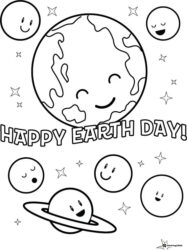 Happy Earth Day Coloring Page with Smiling Planets and Stars