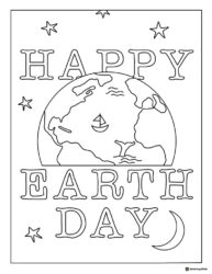Happy Earth Day Coloring Page with Stars and a Crescent Moon