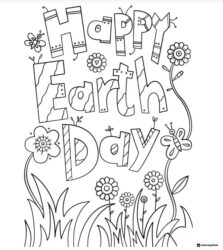 Happy Earth Day Coloring Sheet with Decorative Text and Flowers