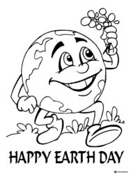 Happy Earth Day Coloring Sheet with Earth Holding Flowers