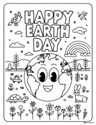 Happy Earth Day Coloring Sheet with Smiling Earth and Wildlife