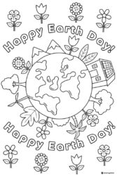 Happy Earth Day Wreath Coloring Page with Flowers and Leaves
