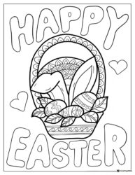 Happy Easter Basket Coloring Page with Eggs and Bunny Ears