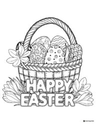 Happy Easter Basket Coloring Page with Flowers and Eggs