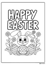 Happy Easter Bunny Coloring Page with Flowers and Eggs