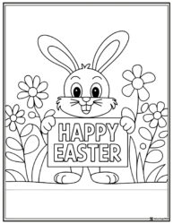 Happy Easter Bunny Coloring Page with Flowers and Sign