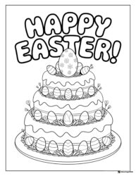Happy Easter Cake Coloring Sheet with Large Decorated Eggs