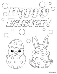 Happy Easter Coloring Page with Polka Dot Chick and Bunny Egg