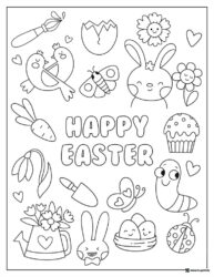 Happy Easter Coloring Page with Spring Icons and Animals