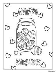 Happy Easter Egg Jar Coloring Page with Hearts All Around