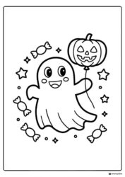 Happy Ghost Coloring Page with Pumpkin Balloon and Candy