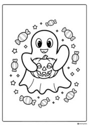 Happy Ghost Coloring Page with Pumpkin Surrounded by Candy