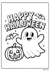 Happy Ghost Coloring Page with Pumpkin and Flying Bats
