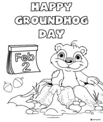 Happy Groundhog Day Coloring Page with Calendar and Acorns