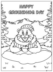 Happy Groundhog Day Coloring Page with Mug and Mountains