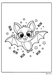 Happy Halloween Bat Coloring Page with Candy and Stars