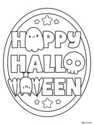 Happy Halloween Coloring Sheet with Bat Ghost and Skull