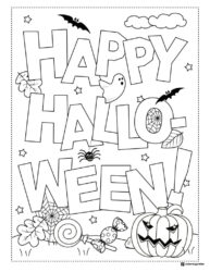 Happy Halloween Coloring Sheet with Ghosts Bats and Candy